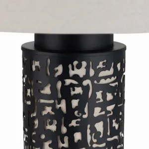 Black Metal Table Lamp With Oat Linen Drum Shade & Nightlight