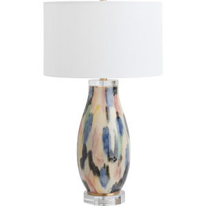 Ceramic Table Lamp With White Linen Drum Shade And Crystal Base