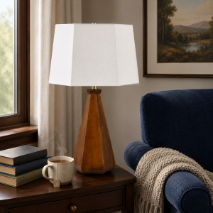 Brown Painted Wood Base With Specialty Linen Shade And Brass Details