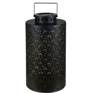 Metal Led Lantern With Cutout Fan Pattern