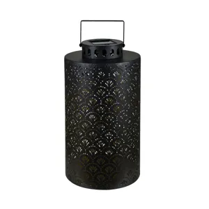 Metal Led Lantern With Cutout Fan Pattern