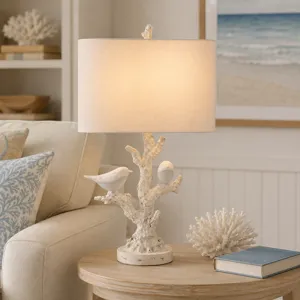 White Textured Resin Table Lamp With Bird And Branch Design, Oval Linen Shade, And Built-in Nightlight