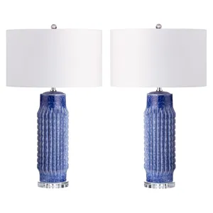 Set Of 2 Blue Ribbed Ceramic Lamps With Crytsal Bases