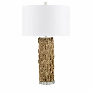 Nassau Table Lamp, Brown Woven Body, White Linen Shade