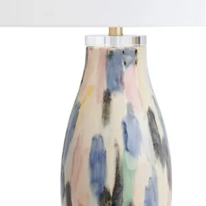 Ceramic Table Lamp With White Linen Drum Shade And Crystal Base