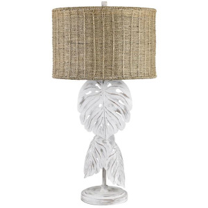 Tropical Leaf White Distressed Metal Table Lamp With Tan Grass Rope Shade