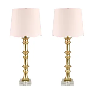 Set Of 2  Gold Resin Table Lamp With Pink Linen Shade