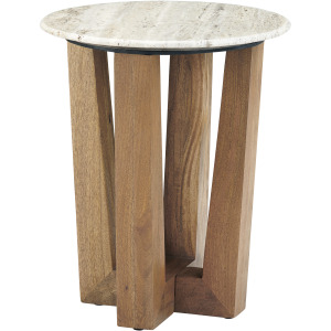 White & Gray Travertine Topped Round Accent/end Table With Brown Wooden Legs
