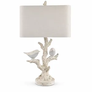White Textured Resin Table Lamp With Bird And Branch Design, Oval Linen Shade, And Built-in Nightlight