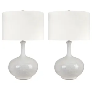Set Of 2 White Ceramic Table Lamps With Etched Detailing And Drum Shades.