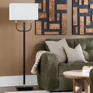 Black And Gold Metal Floor Lamp With Linen Shade