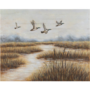 In Flight Ducks Over Marsh Mixed Media Wall Art