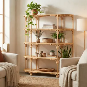 63.25 In. Tan Raffia 4 Shelf Etagere/bookcase