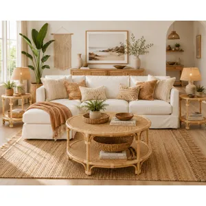 Tan Rattan Round Cocktail Coffee Table