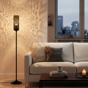 Emberdale Black Matte Metal Floor Lamp With Intricate Drum Shade