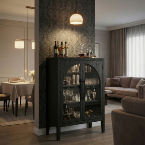 Black 2 Door Arched Glass Door Tall Wine Cabinet