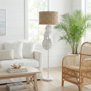 Tropical Leaf White Distressed Metal Floor Lamp With Tan Grass Rope Shade