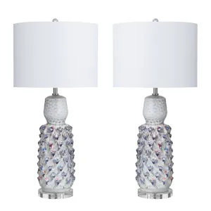 Set Of 2 Textured Ceramic Lamps With Drum Shades