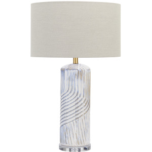 Ceramic Table Lamp With Crystal Base And Beige Linen Drum Shade