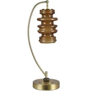 Polished Gold Metal Task Lamp With Brown Glass Shade