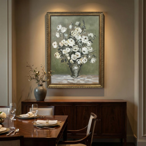 White Blooms Traditional Green Framed Canvas Wall Art