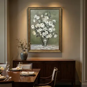 White Blooms Traditional Green Framed Canvas Wall Art