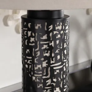 Black Metal Table Lamp With Oat Linen Drum Shade & Nightlight