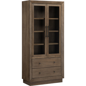 Brown Wood Three Shelf Bookcase With Doors And Drawers