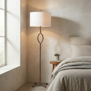 Silver Distressed Metal Floor Lamp With White Linen Drum Shade
