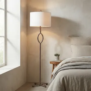 Silver Distressed Metal Floor Lamp With White Linen Drum Shade