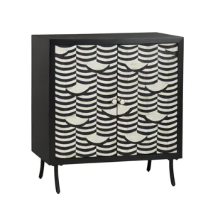 2-door Black Wood/ivory Bone Inlay Accent Cabinet With Black Metal Legs
