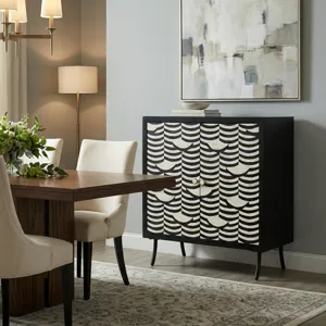2-door Black Wood/ivory Bone Inlay Accent Cabinet With Black Metal Legs