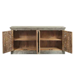 Distressed Cream 4 Door Solid Wood Media Credenza/sideboard