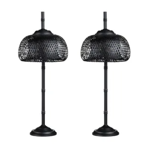 Black Metal Buffet Lamp With Rattan Shade