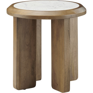 Brown Wood With Marble Top Round Accent End Table
