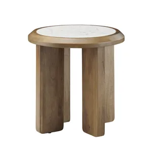 Brown Wood With Marble Top Round Accent End Table