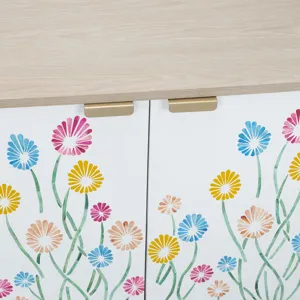 2 Door Tan Wood Grain Accent Cabinet With Painted Floral Doors And Metal Legs