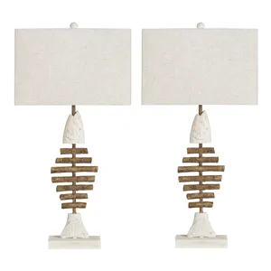Resin Table Lamp With Coastal Fish Design And Linen Shade
