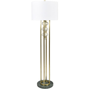 Gold Polished Floor Lamp With White Linen Drum Shade And Marble Base