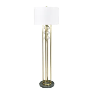 Gold Polished Floor Lamp With White Linen Drum Shade And Marble Base