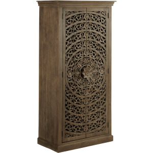 2-door Brown Wood Grain Hand Carved Tall Accent Cabinet