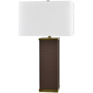 Faux Leather And Metal Table Lamp With White Linen Shade