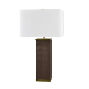 Faux Leather And Metal Table Lamp With White Linen Shade