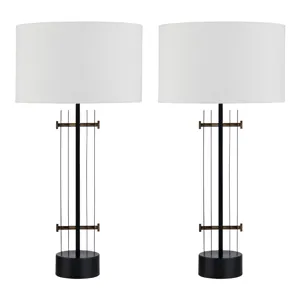 Metal Table Lamp With White Linen Drum Shade