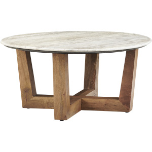 White & Gray Travertine Topped Round Cocktail/coffee Table With Brown Wooden Legs