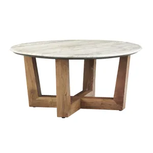 White & Gray Travertine Topped Round Cocktail/coffee Table With Brown Wooden Legs