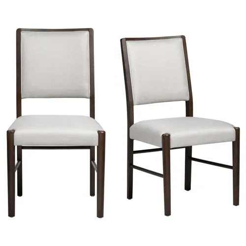 Set Of 2 White Upholstered And Wood Dining Chairs
