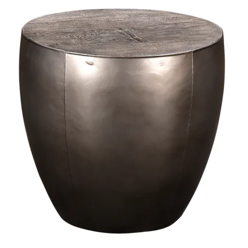 Bengal Manor Distressed Grey Mango Wood And Pewter Metal Drum Base Round End Table