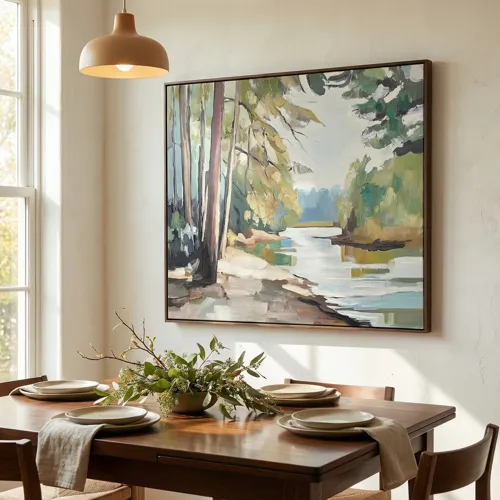 Riverside Pines Nature Landscape Hand-painted Framed Canvas Wall Art