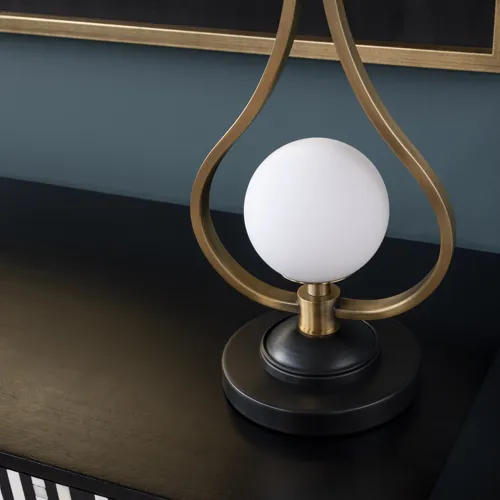 Modern Table Lamp With Brushed Gold And Matte Black, Black Organza Drum Shade, Nightlight Feature